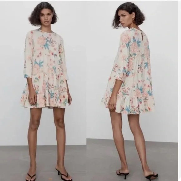 Zara Dresses & Skirts - Zara The Sharon Dress XXL Floral Tiered 3/4 Sleeve Crepe Flutter Baby Doll Dress